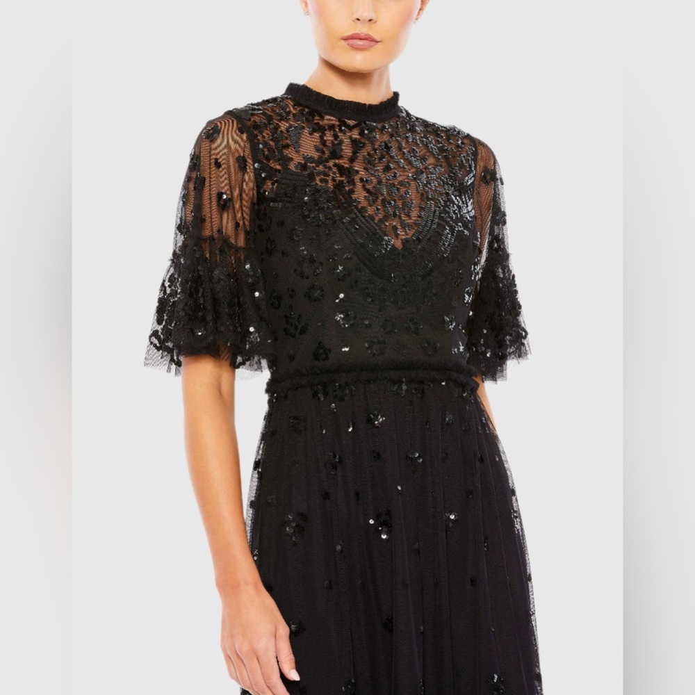 Mac Duggal Black Sequin Illusion High Neck Cocktail Dress Size 8 - Picture 2 of 9